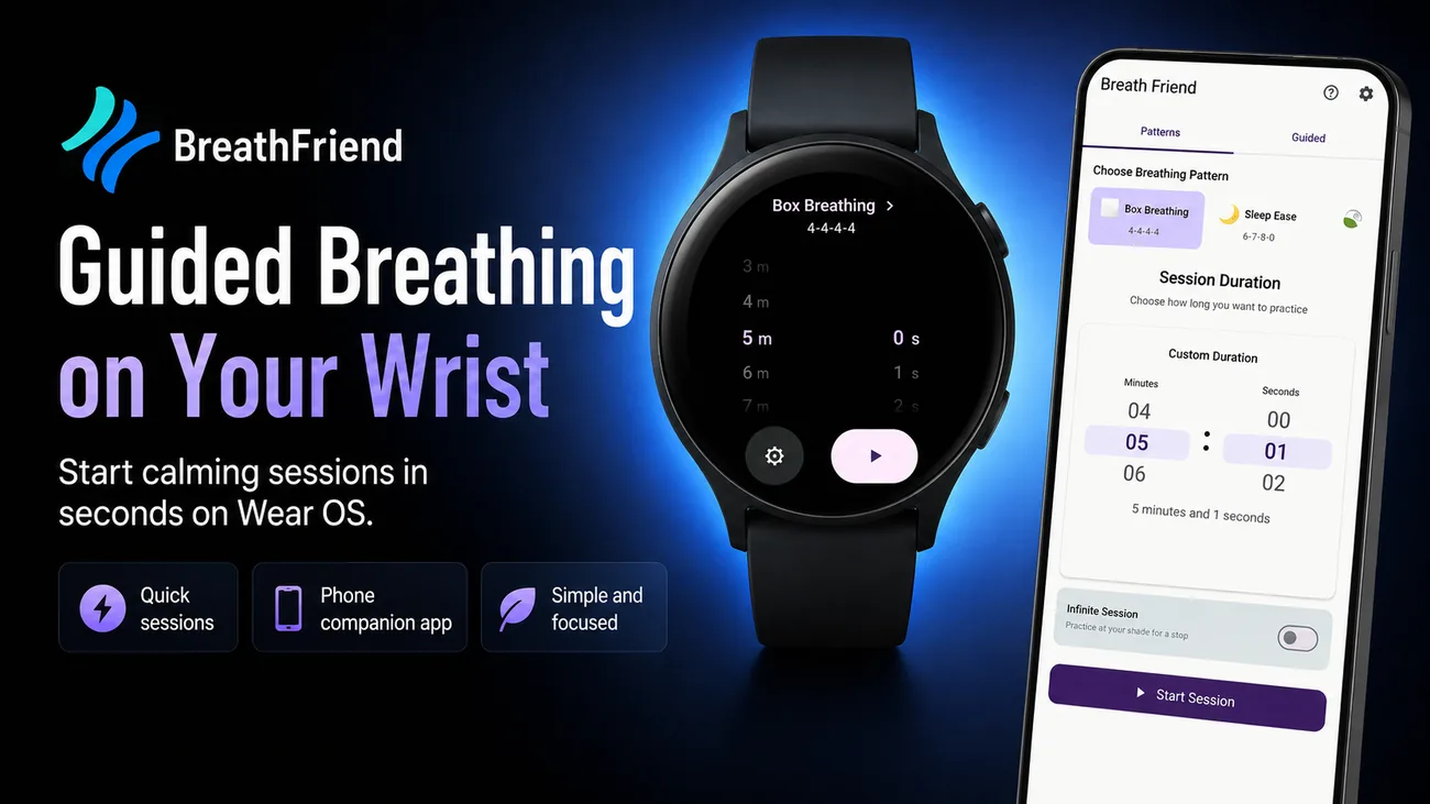 BreathFriend guided breathing on a Wear OS watch with phone companion app