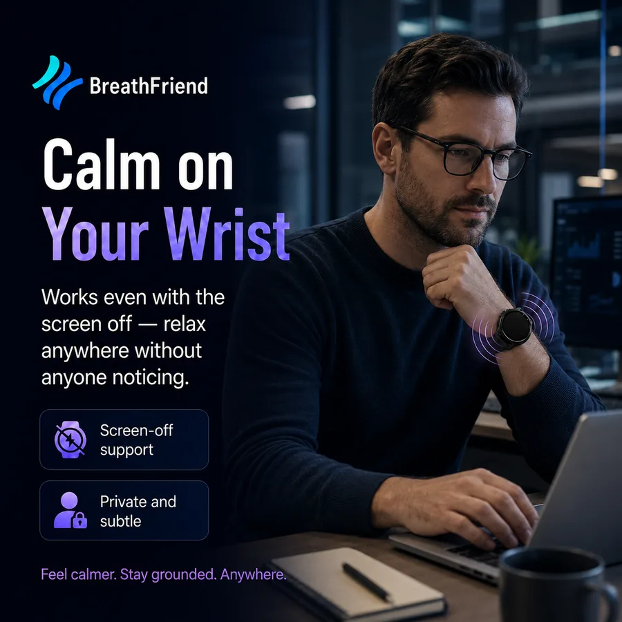 BreathFriend screen-off breathing use case at a desk